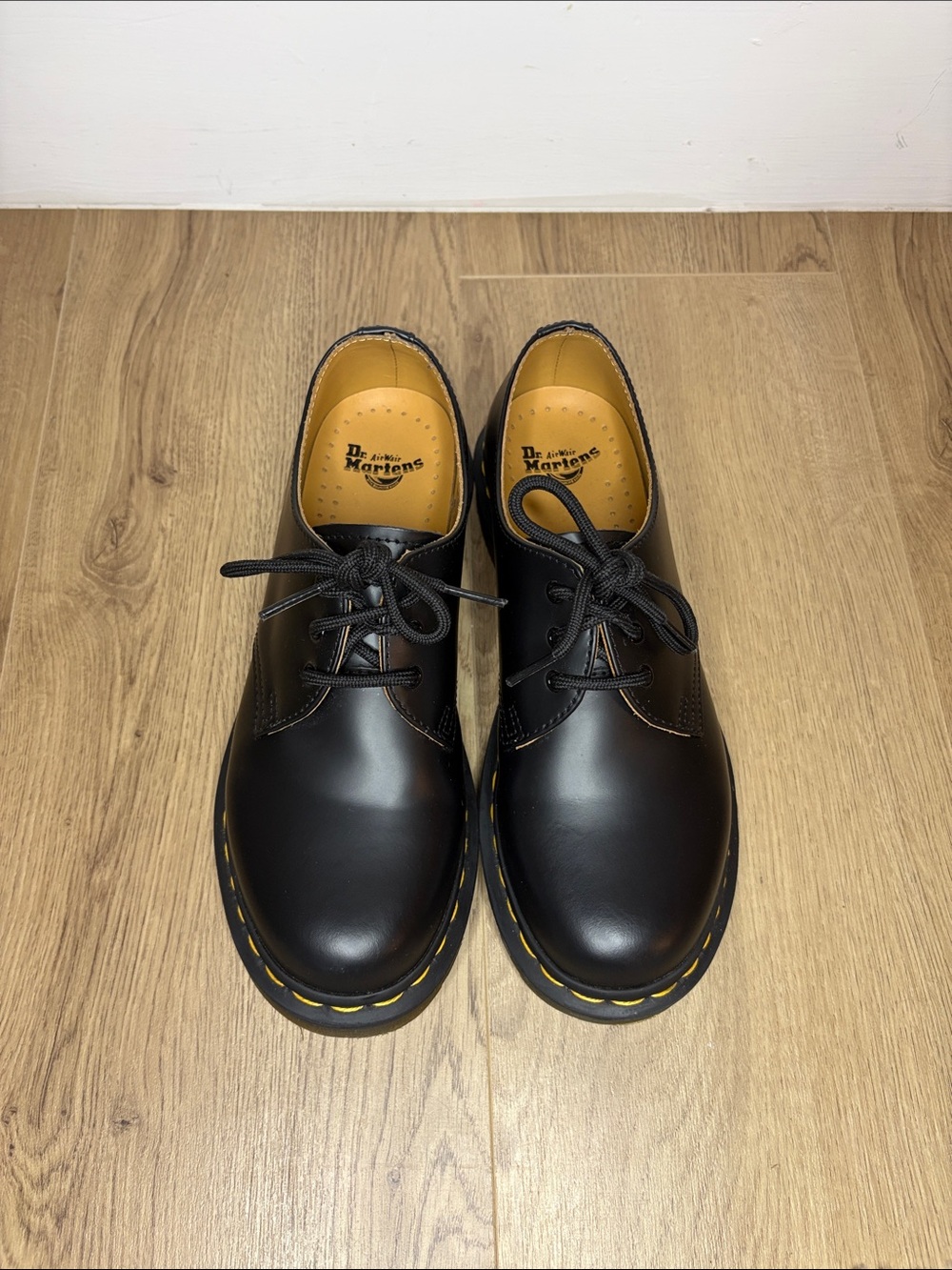 Dr. Martens Black Leather 3-Eye Derby with Yellow Welt Stitching - Picture 2 of 6